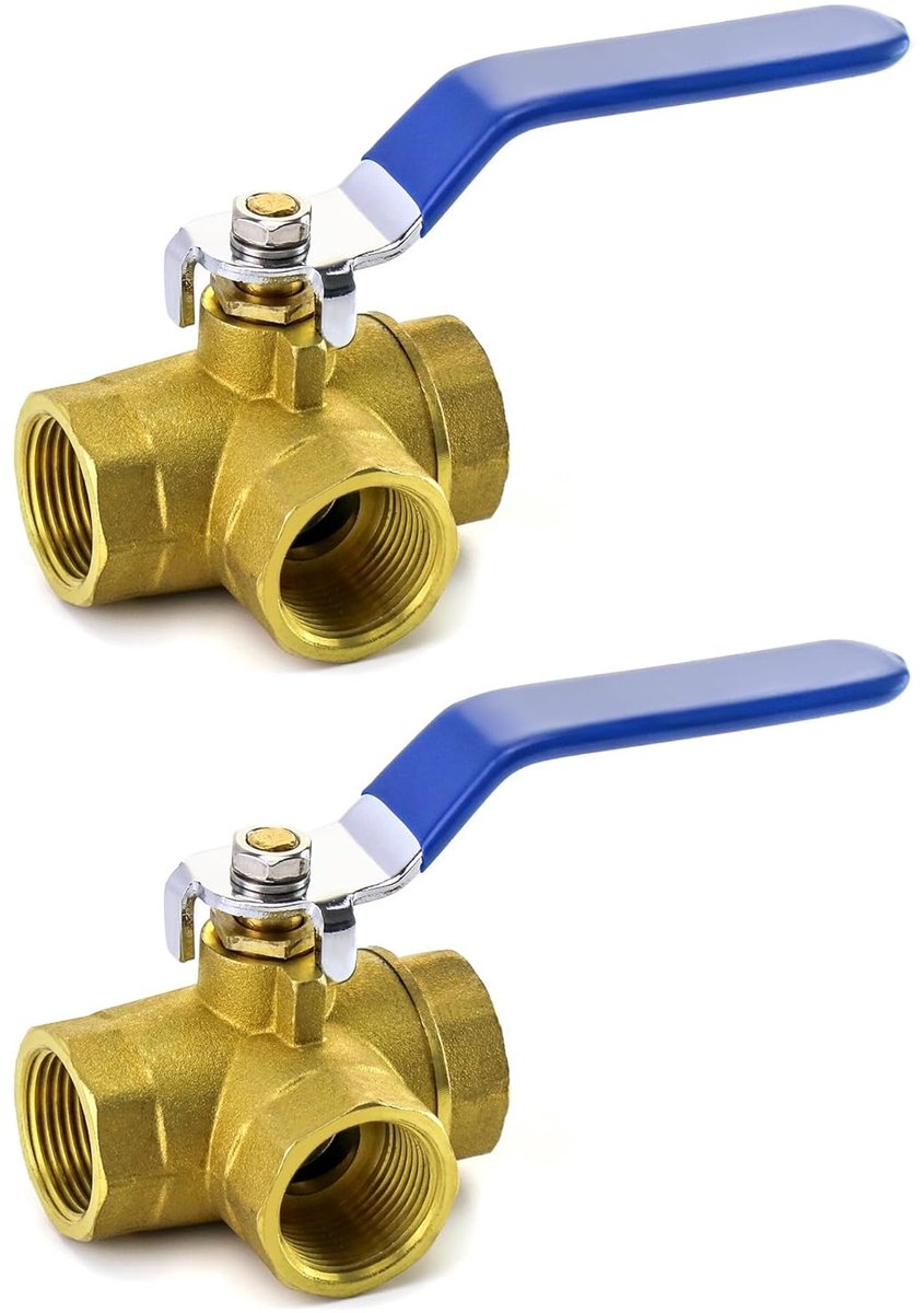SnelShoppen - 2pcs Drieweg Type Vrouwelijke Draad Waterpijp Kogelklep (L Port), Handgreep, Socket (DN20 3/4'') Gecoat Messing