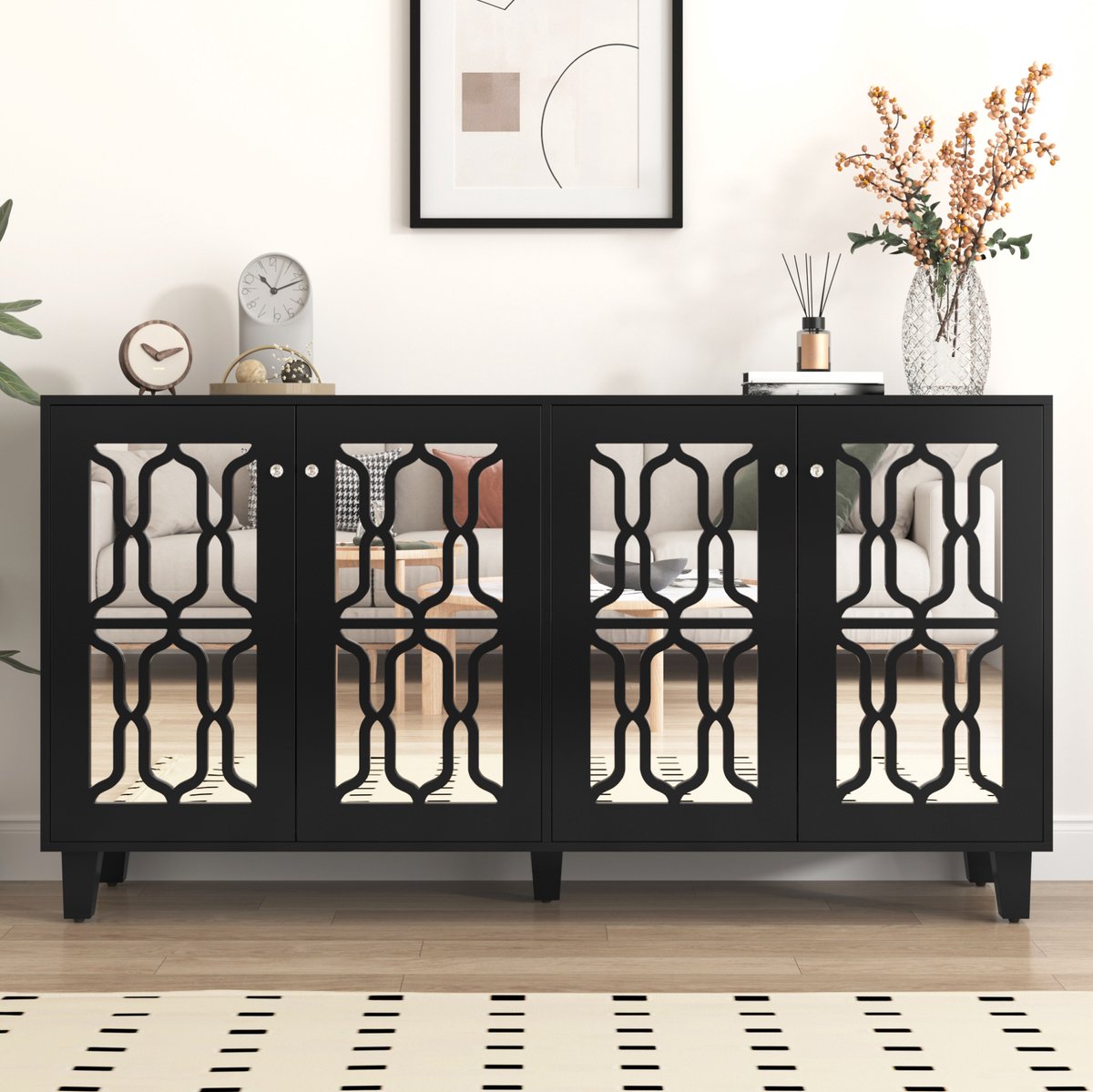 COVREO Dressoir 160 x 40 x 84 cm – zwart MDF, 4 deuren, verstelbare binnenplanken