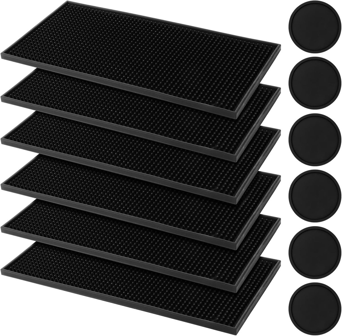SnelShoppen - 6pcs Barmat 30x15cm, Silicone Draining Mat met 6 Coasters, Bar Mat, Tamper Mat voor Bar, Club, Café, Restaurant, Keuken, Zwart