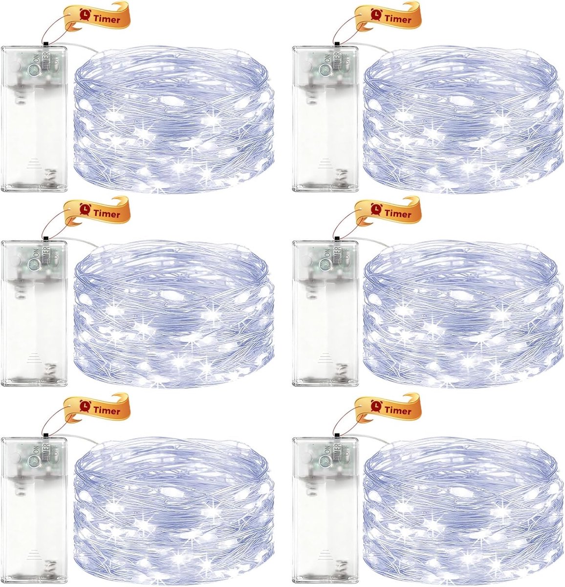 SnelShoppen - 6x LED Sfeerlampen met Timer 3m - 30 LED Micro Koperdraad Lichtjes - Accu Bedrijf - Koud Wit String Lights voor Bruiloft, Feest, Kerst,