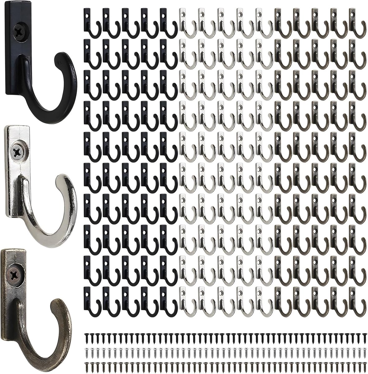 SnelShoppen - Set van 150 Wandhaken met Schroeven - Robuuste Metalen Haken voor Houten Oppervlakken - Enkele Wandhaken voor Jassen, Hoeden, Sleutels,