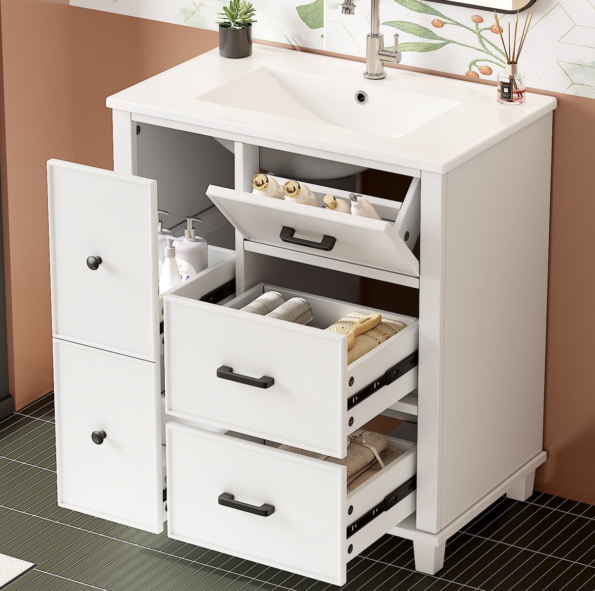 COVREO Badkamerkast 76,5 x 47 x 83,5 cm - wit, MDF met keramisch wastafel, 5 lades