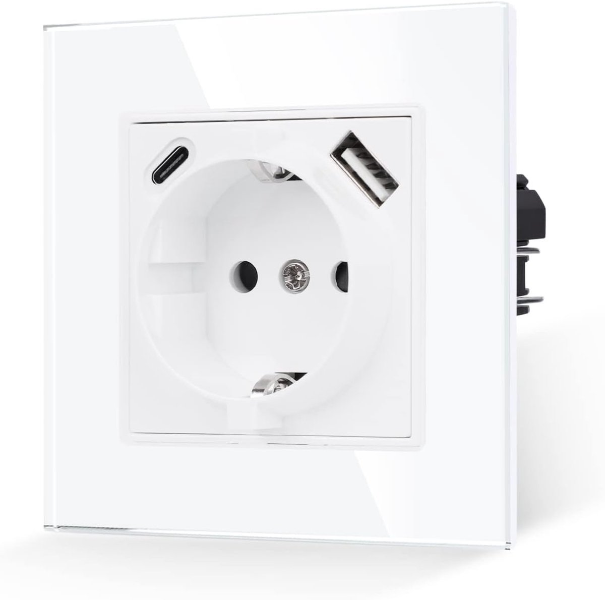 SnelShoppen - Witte Enkele Wandcontactdoos met USB A en C, 16A, Glazen Paneel, Flush-Mounted, 86mm, 250V, Ideaal voor Thuis en Kantoor