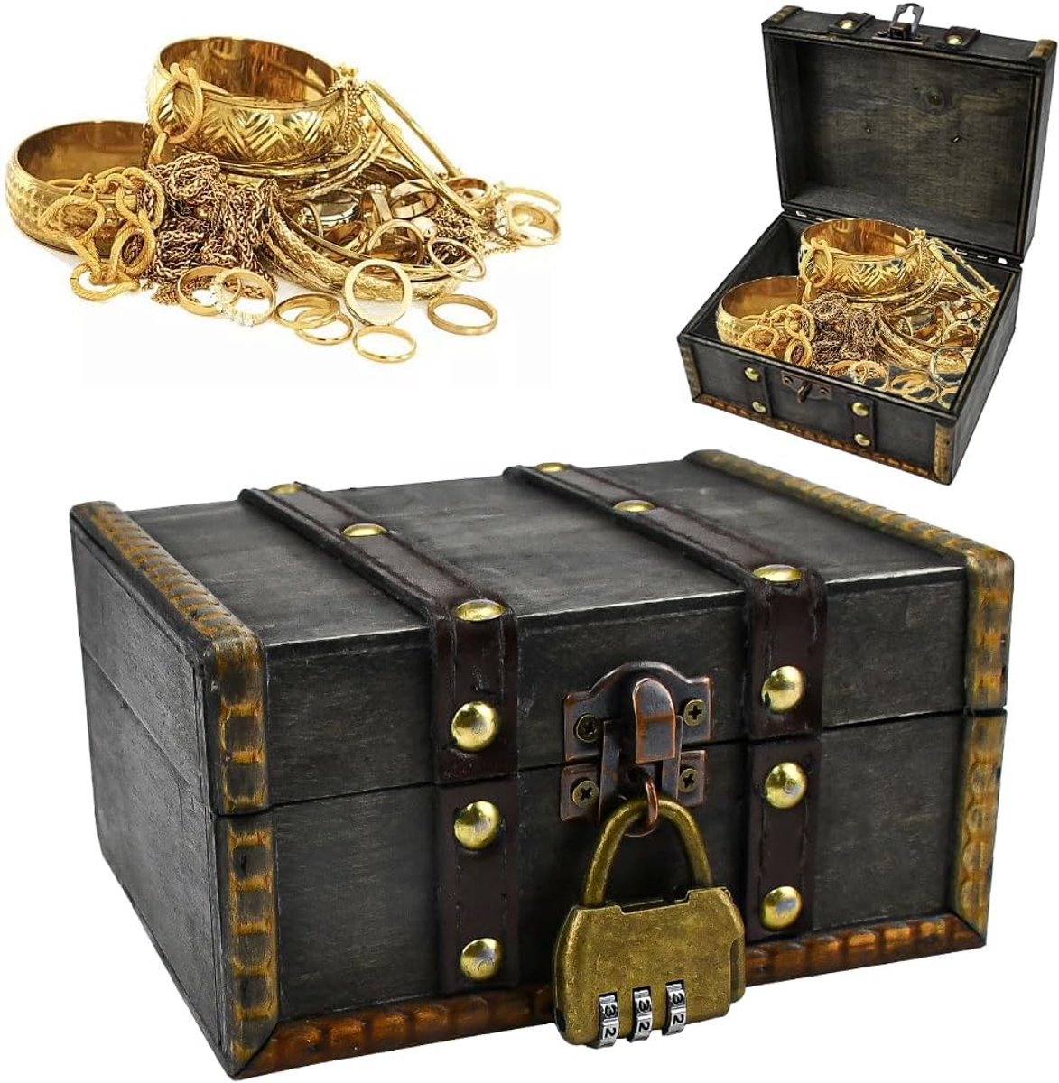 SnelShoppen - Vintage Houten Schatkist met Slot, Piraten Lock, Kleine Sieraden Box, Antieke Houten Treasure Chest, Perfect voor Feest, Decoratie, Kind