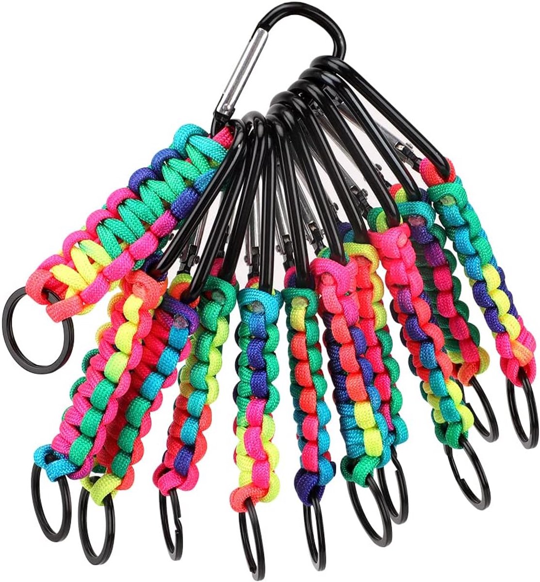 SnelShoppen - Pack van 10 Mini Carabiners D-Vormige Haak voor Sleutels, Lanyard Clamp Ring, Nylon Gevlochten Koord, Multikleur, Perfect voor Camping,