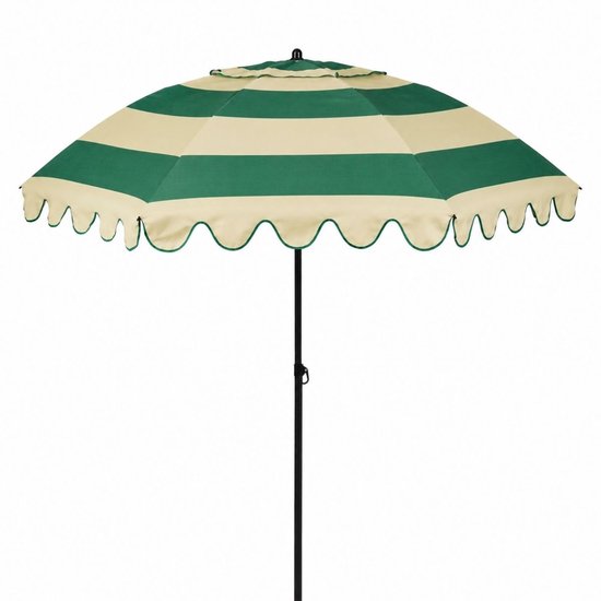 Parasol rayé vert et crème, bord festonné, sur un mât noir.
