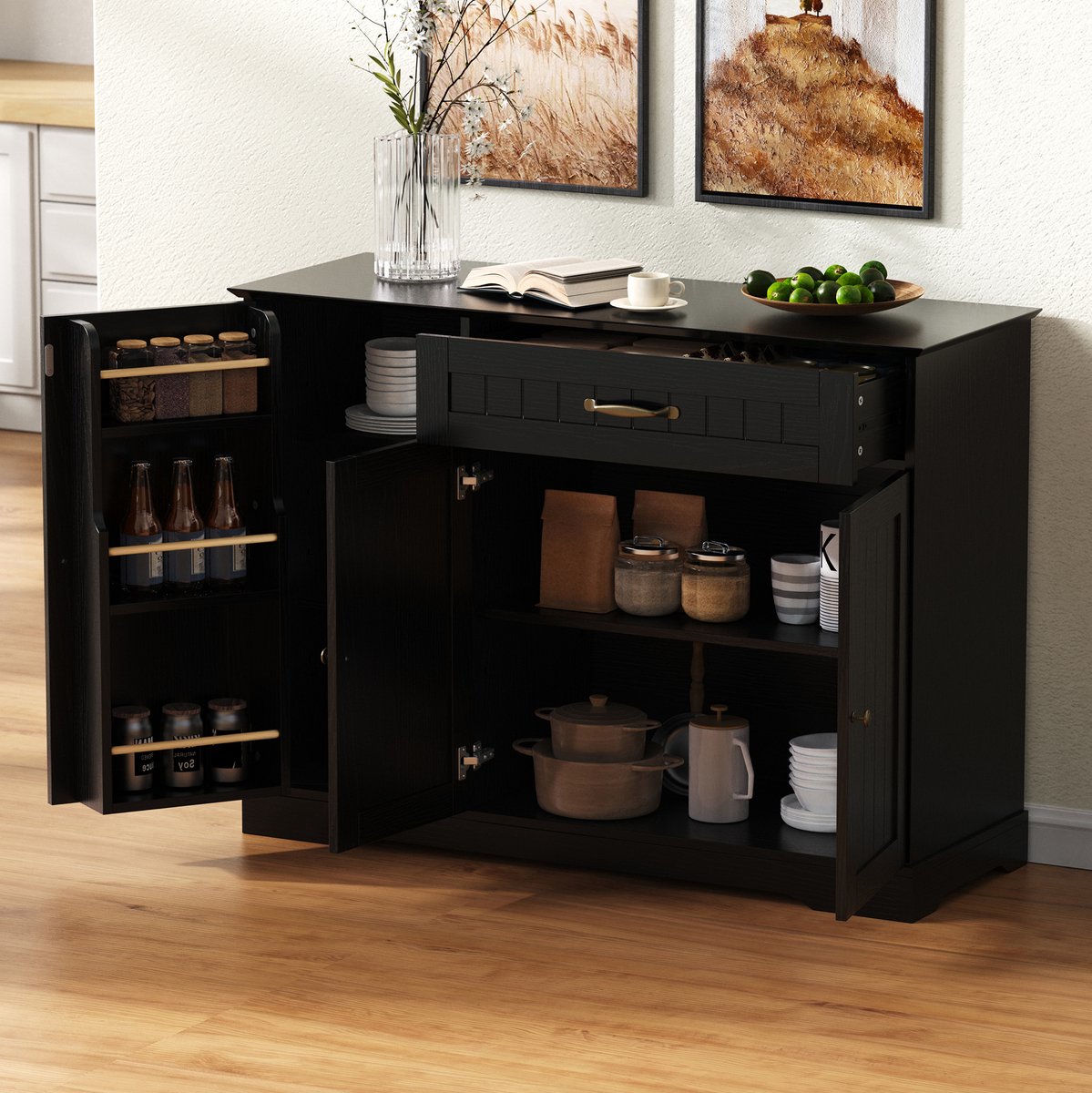 COVREO Buffetkast 107 x 40 x 83,4 cm - zwart MDF, 3 deuren, 1 lade, verstelbare planken