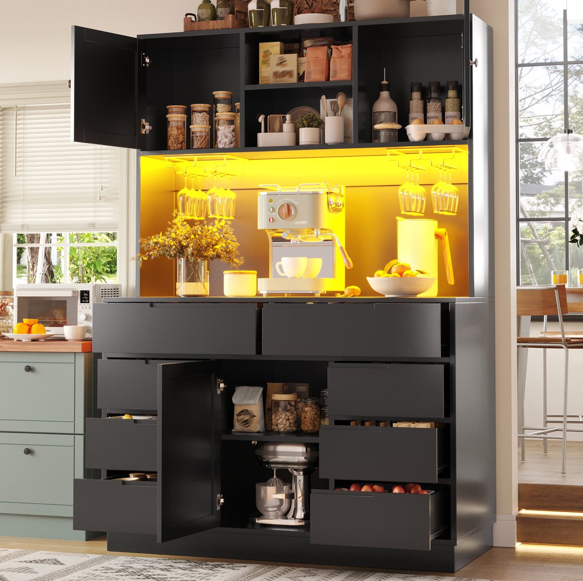 COVREO Keukenkast 120 x 40 x 183,5 cm - zwart MDF met LED verlichting en 8 laden