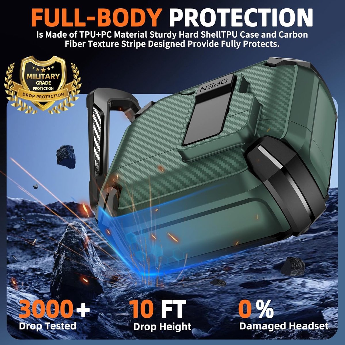 SnelShoppen - AirPods 4 Case met Telefoonstandaard, Carbon Fiber Textuur, Car Lock Case voor AirPods 4 met Reinigingsset en Sleutelhanger, Groen