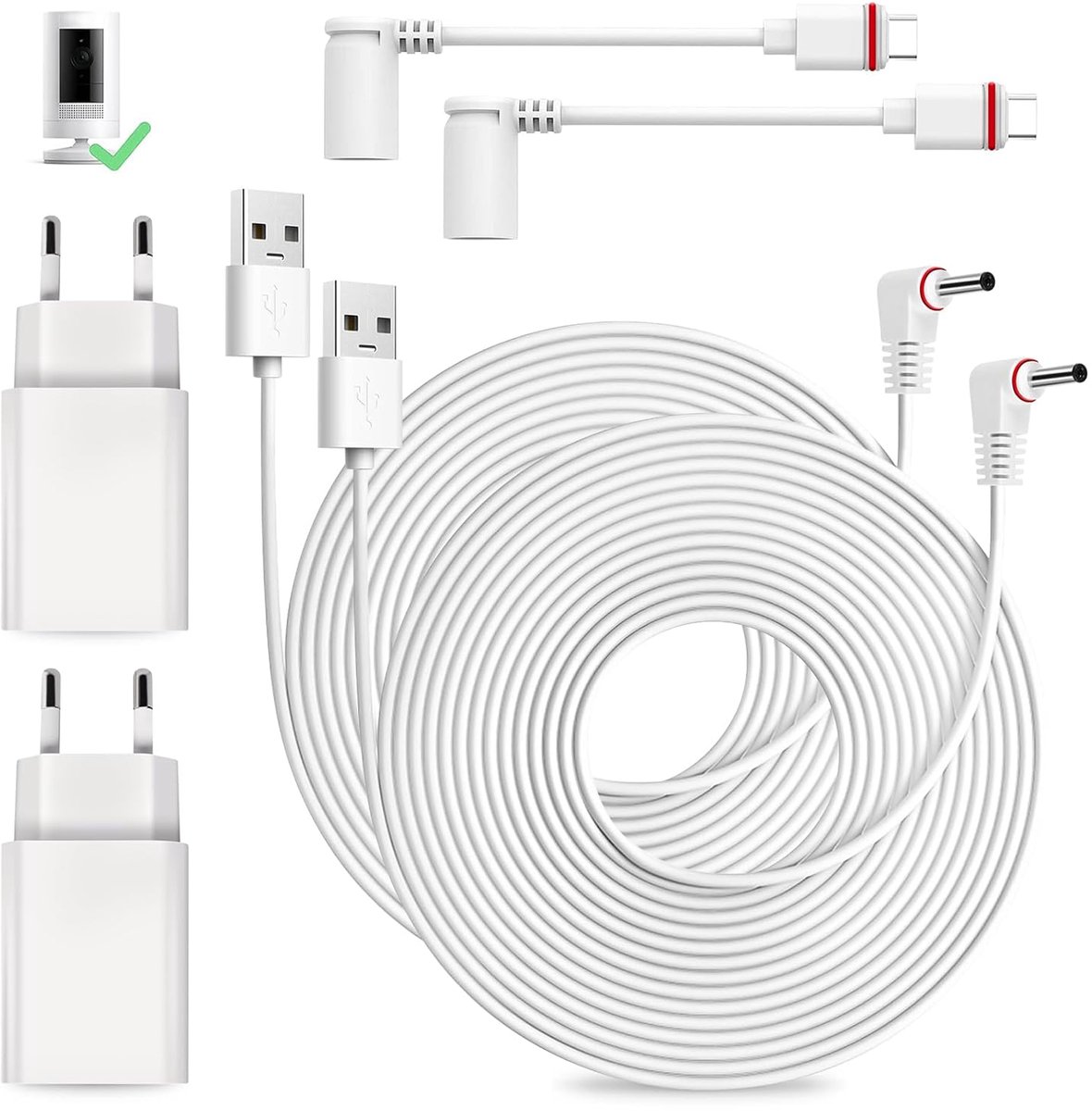 SnelShoppen - 2 Pack 7.6m Power Cable en Adapter, Weerbestendige Plug en USB-C Oplaadkabel, Compatibel met Spotlight Cam Plus/Pro en Stick Up Cam