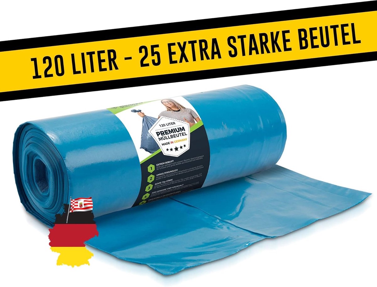 SnelShoppen - Garbage bags 120L blauw - 25 stuks - extreem scheurbestendig - XXL vuilniszakken - type 100 extra - 70 µ - LDPE - sterke afvalzakken voo