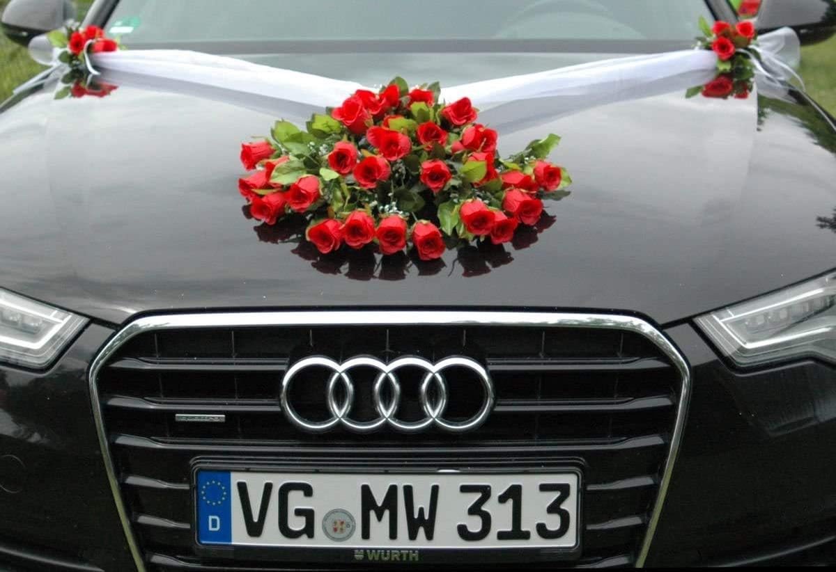 SnelShoppen - Luxe Auto Bloemstuk Bruiloft, Rode Rozen Versiering, Handgemaakt, Auto Decoratie Bruidspaar, Trouwen, Huwelijk, Feest
