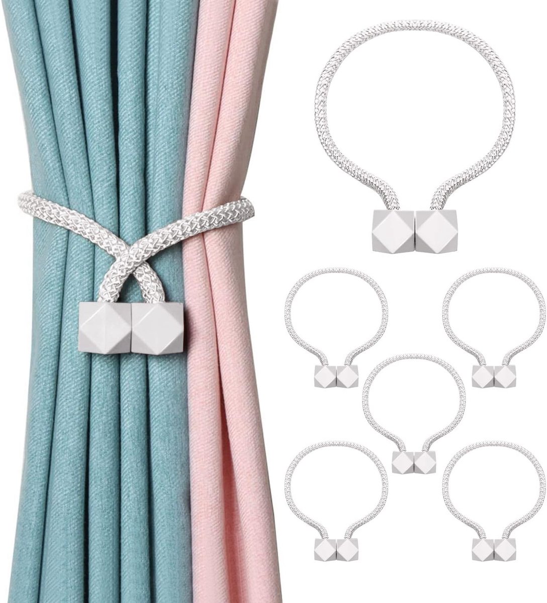 SnelShoppen - 6 Pcs Magnetische Gordijnhouders met Touwsluitingen, Decoratieve Gordijntie voor Thuis, Kantoor en Feest, Wit, Duurzaam en Sterk