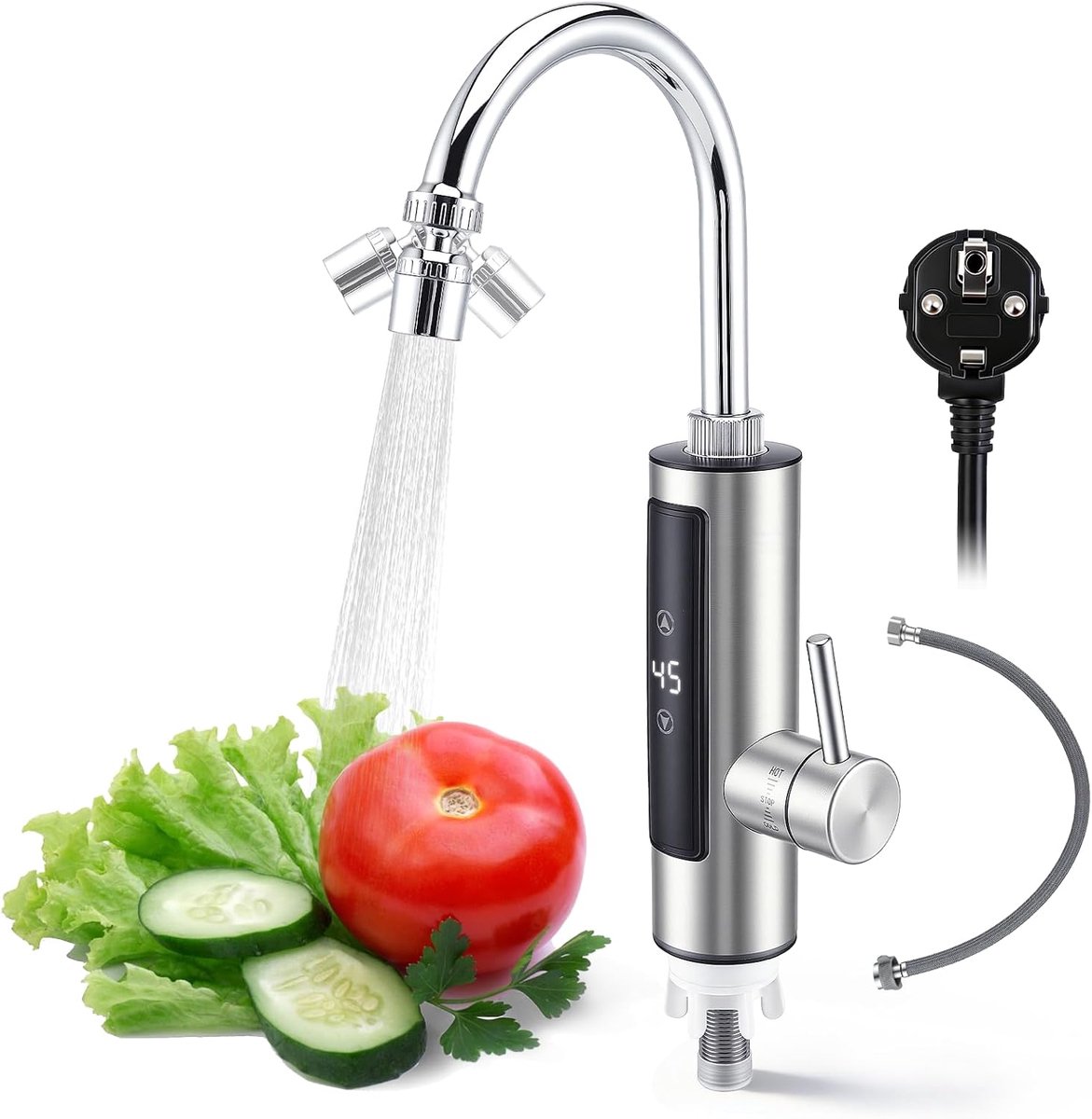 SnelShoppen - Elektrische Waterkraan met Doorstromer, Direct Warm Water voor Keuken, 3.4 kW, Digitaal Display (30-50°C), 360° Draaiende Uitloop, Dubbe