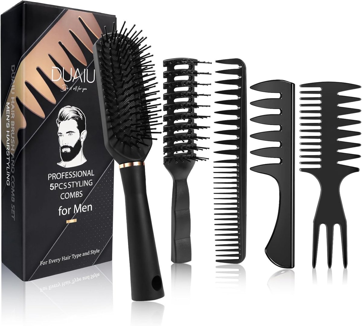 SnelShoppen - Haarborstel voor Mannen, 5-Delige Set, Krul Kam, Ventileerde Haarborstel voor Stug Haar, Kapperskam, Textuur Kam voor Föhnen, Knippen, Z