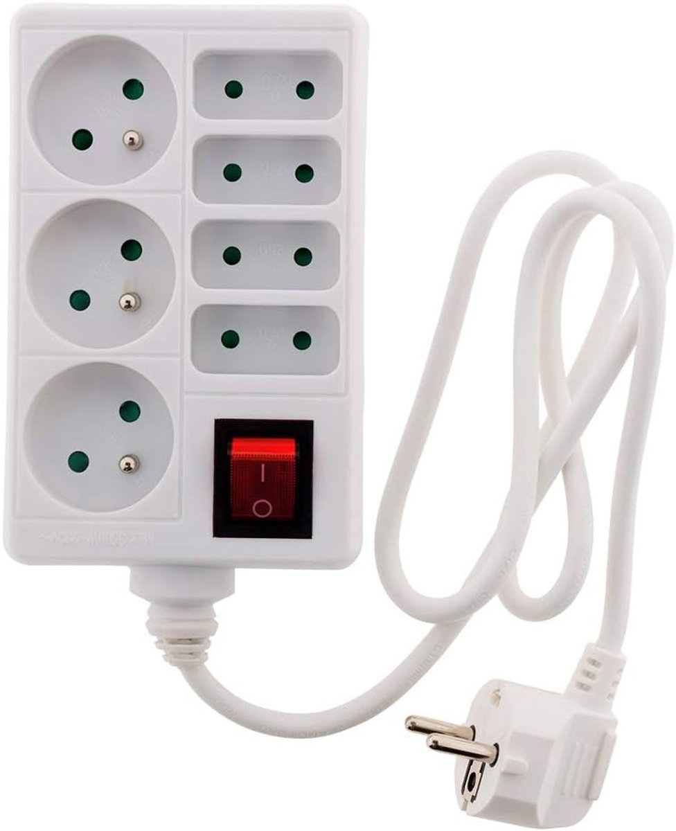 SnelShoppen - Power Strip met 4 x 6 A en 3 x 16 A Stopcontacten, Flexibele Wit Stekkerdoos voor Thuis, Kantoor, Tuin, Camping en Feesten