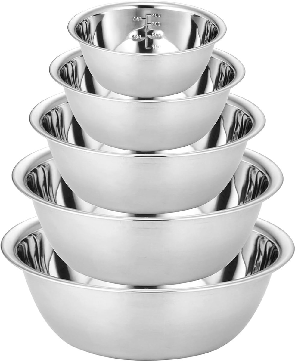 SnelShoppen - 5-delige RVS Kom Set - Mengkommen, Saladeschalen, Stapelbare Keukenkommen - Diverse Maten 0.6L/0.9L/1.6L/2L/2.6L - Hoogwaardige Roestvri