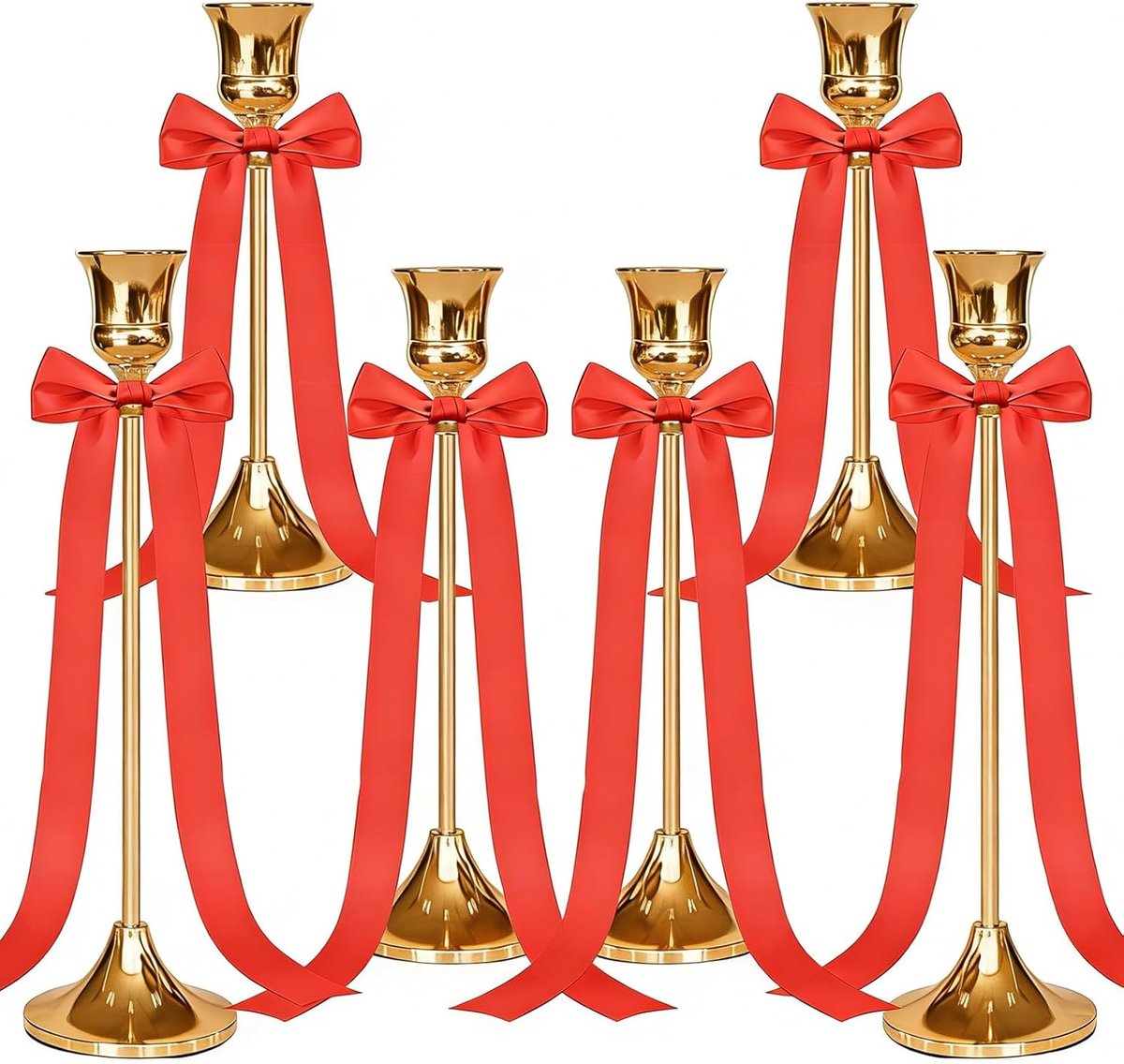 SnelShoppen - Set van 3 Kaarsenhouders Zilver met Roze Strik - 22/19/16cm Hoogte - Decoratieve Vintage Kaarsenstandaards voor Verjaardag Diner Jubileu
