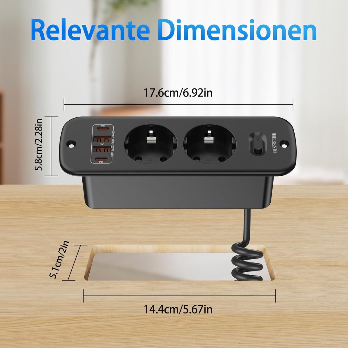 SnelShoppen - 2 x USB 2 x Type-C Flush Socket met 2 m Coiled Cable, Dubbele Stopcontacten voor Tafel of Werkoppervlak, Zwart - Ideaal voor Thuis en Ka