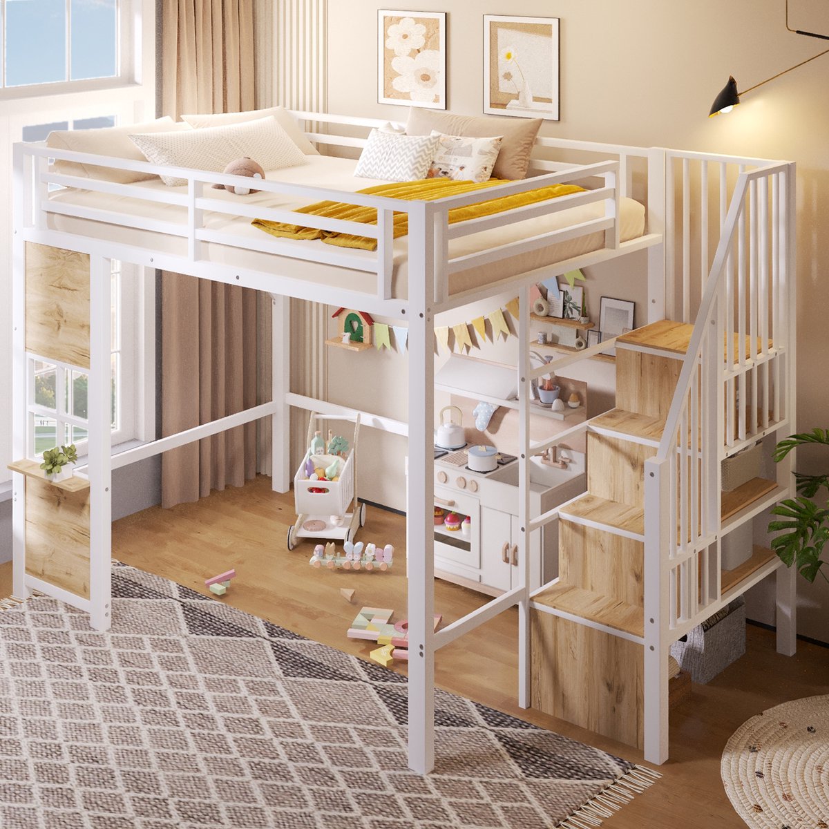 Hoogslaper 140 x 200 cm - opbergplanken - open opbergruimte onder het bed - raamdesign - zonder matras - wit