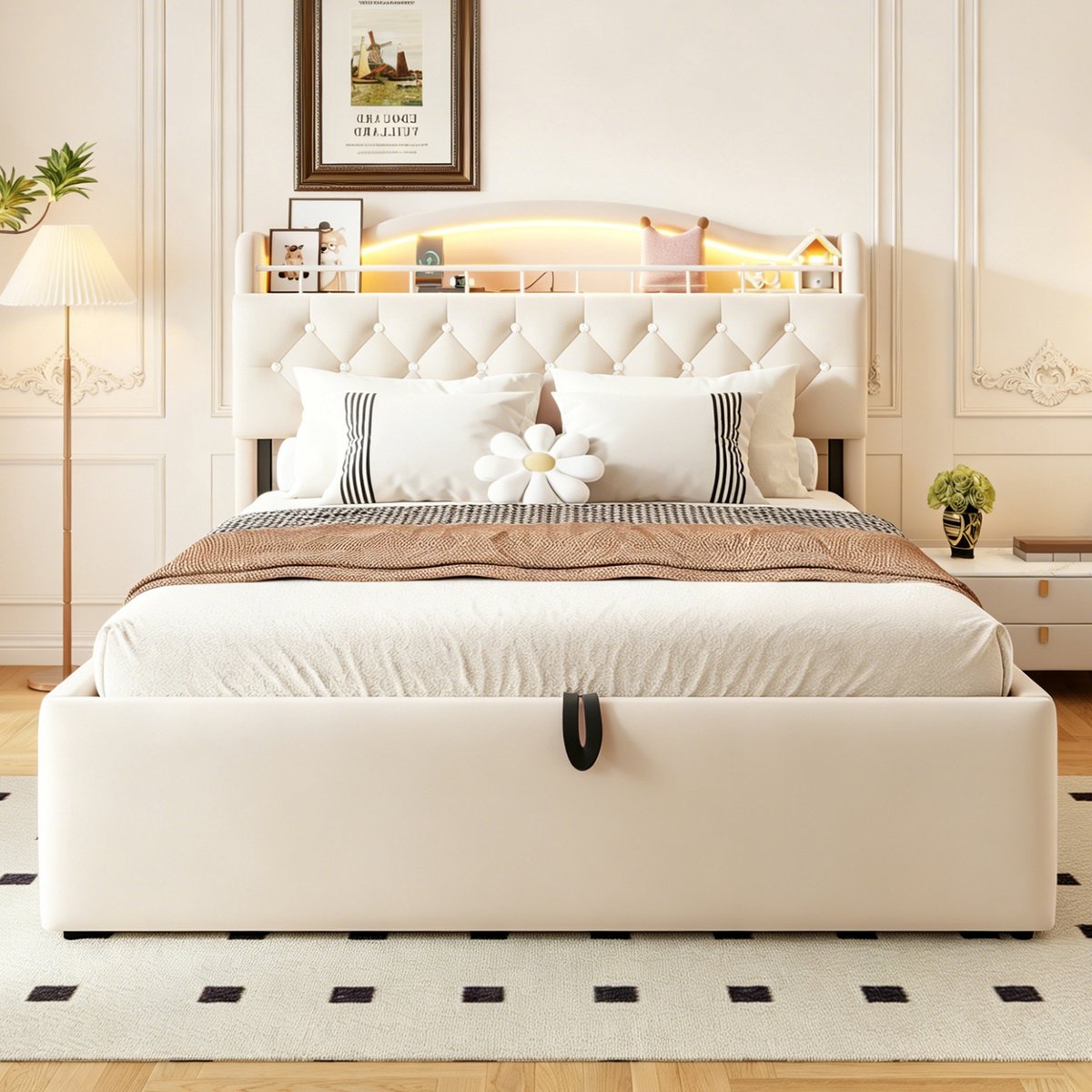 140 x 200 cm gestofferd bed met opbergruimte - met LED-bedlampje - USB- en USB-C-oplaadpoort - beige - zonder matras