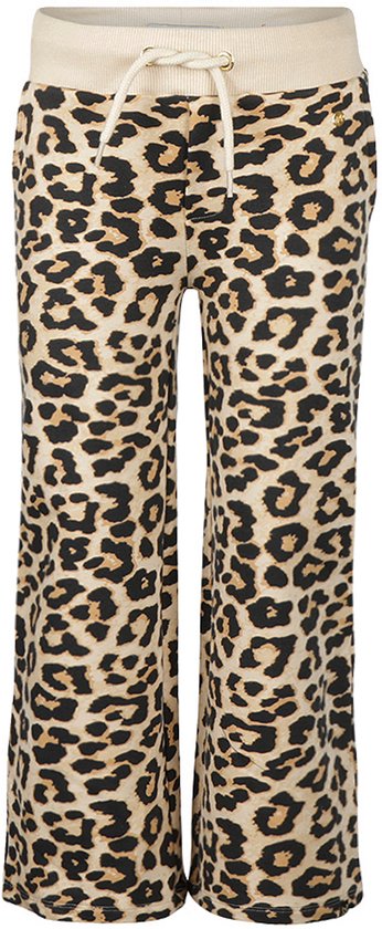 Lichtbruine wijde broek met luipaardprint en beige tailleband met koord.