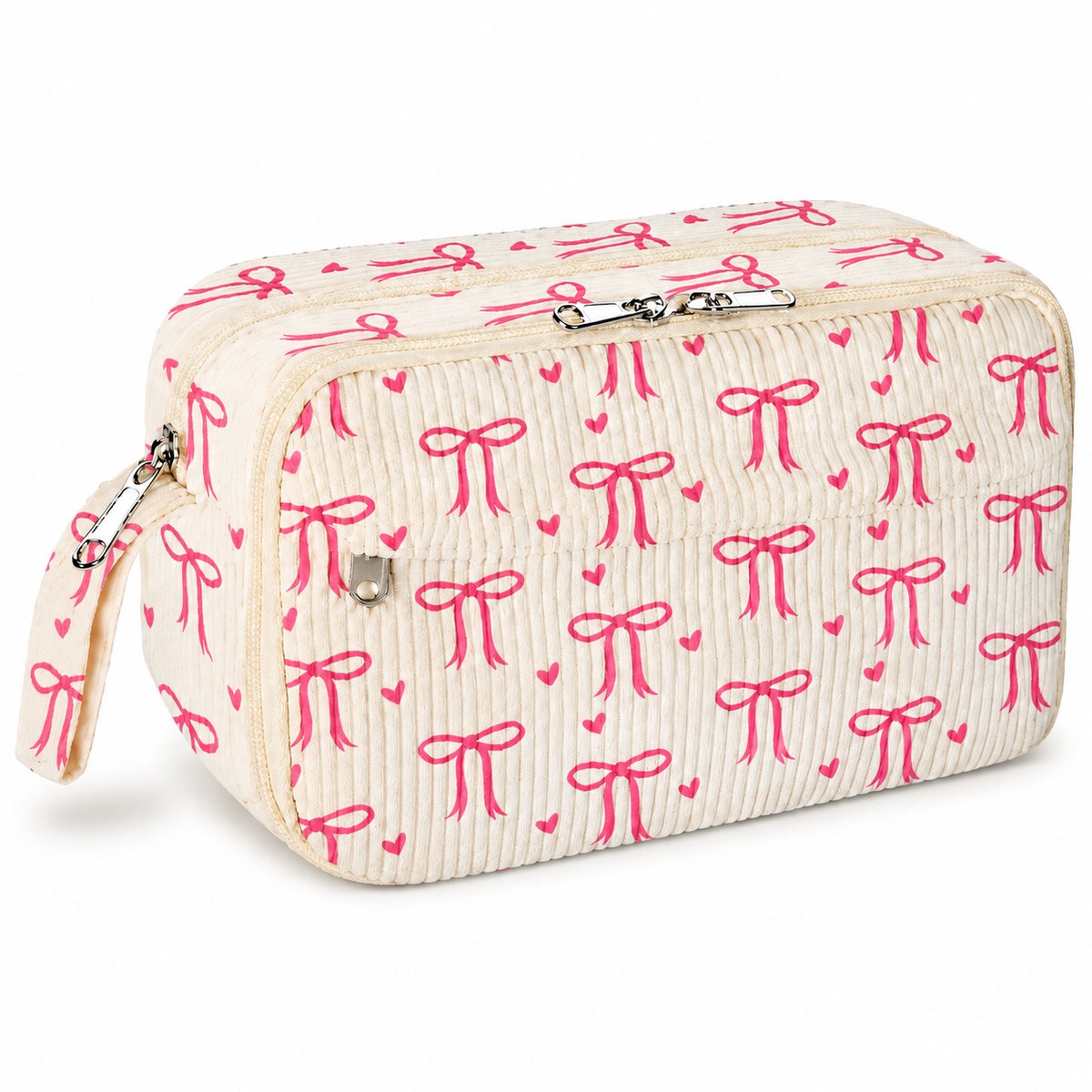 VHV - Pennenetui met 3 Vakken - Corduroy Etui met Draaggreep en Ritssluiting - Beige - School, Studie en Reizen