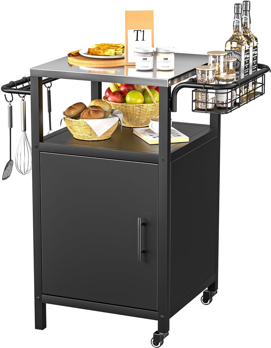 SnelShoppen - Roestvrijstalen Grillwagen met 3 Etages, Buiten Grilltafel met Kast, 2 Wielen, 4 Haken en Handgreep voor Tuin, Picknicks en Buitenkeuken