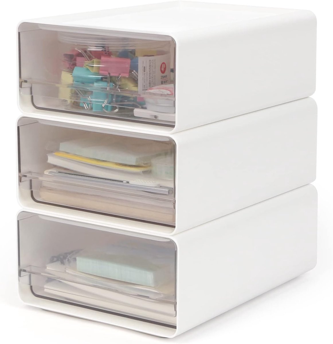 Bureau Organiser met 3 Lades - Transparante Bureau Organizer van Kunststof - Stapelbare Opbergdoos voor Kantoor, Cosmetica en Bureau Accessoires - Wit