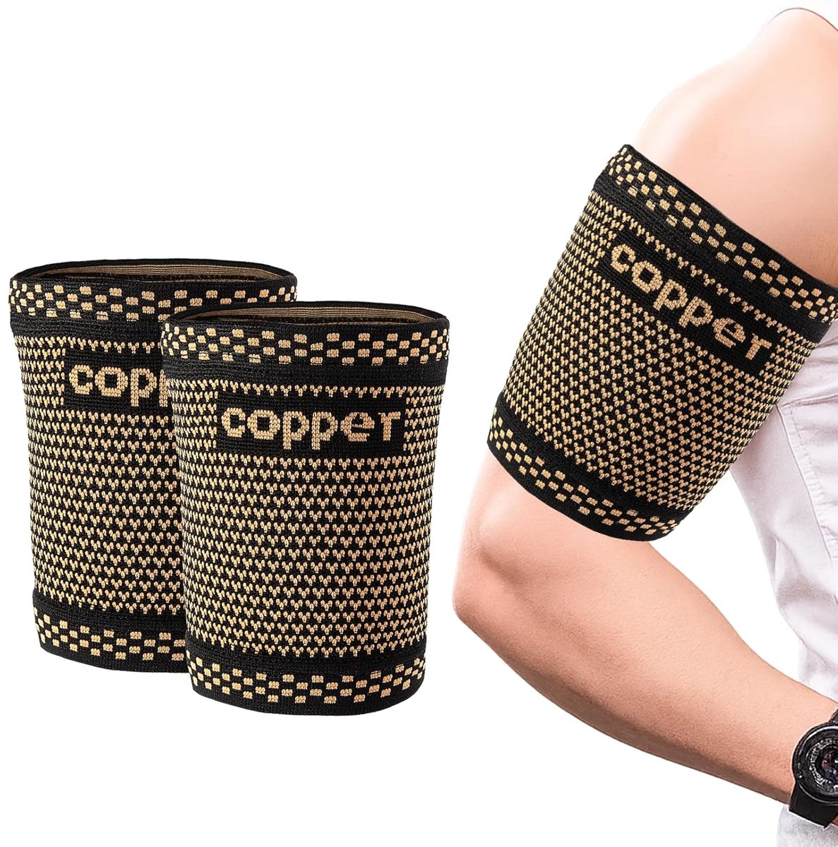 SnelShoppen - 1 paar koperen bovenarmbandage voor spierspanningen (M) | Compressiebandage voor bovenarm, brace voor fitness, lipoedeem, peesontsteking