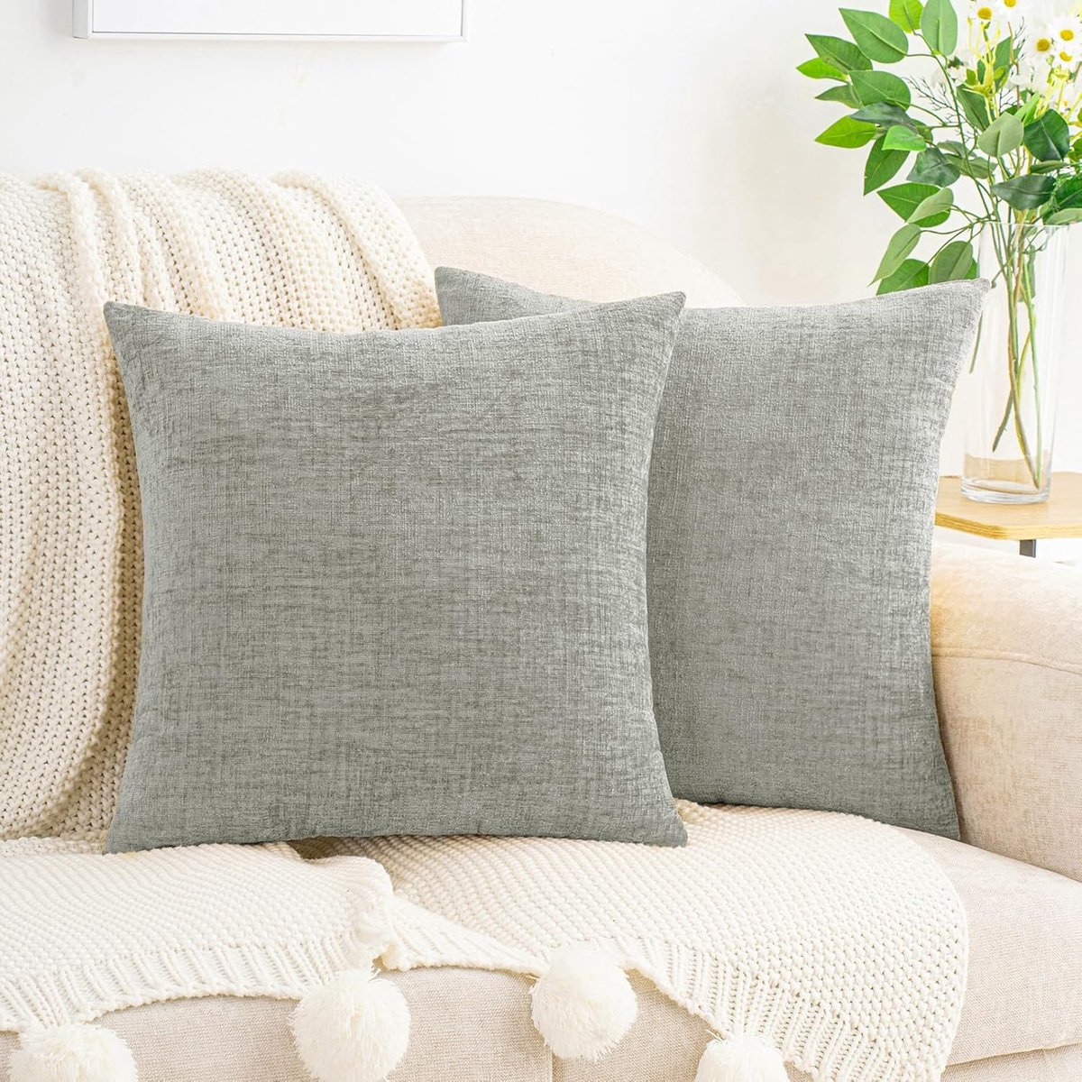 SnelShoppen - Set van 2 Zachte Chenille Kussenhoezen 50 x 50 cm in Antraciet Grijs voor Sofa, Bank, Woonkamer, Slaapkamer, Decoratie, Ultra-Zacht en D
