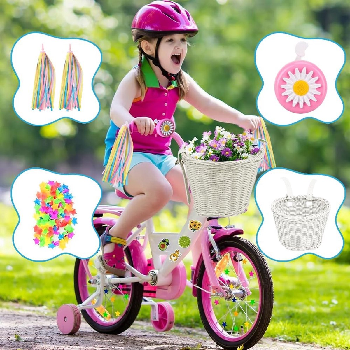 SnelShoppen - Fietsmand voor Kinderen, Rotan Kinderfietsmand met Fietsbel, Stuurfranjes en 35 Sterren Spaken - Doe-Het-Zelf Fietsdecoratie voor Kinder