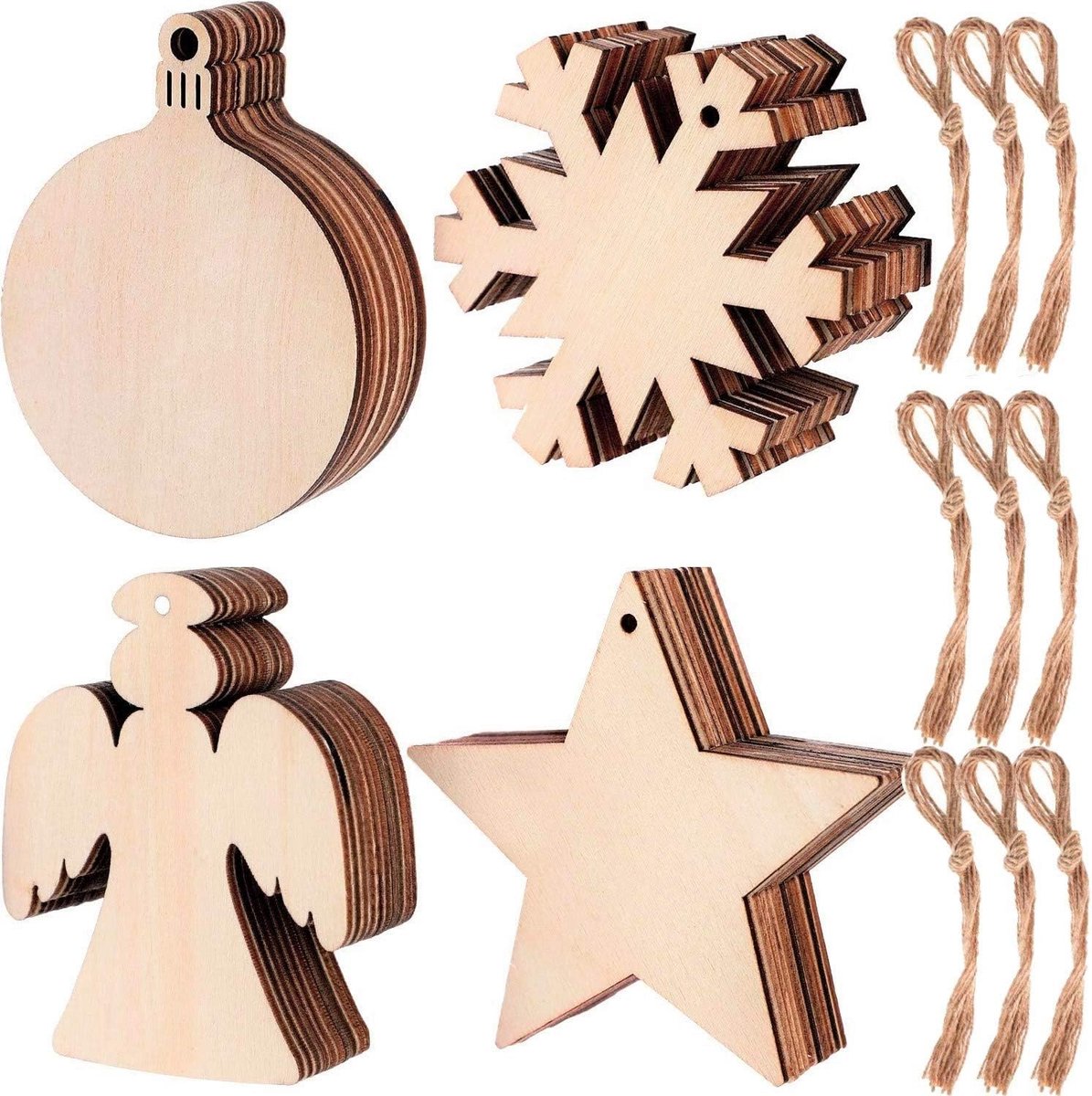 SnelShoppen - 80 Pcs Houten Kerst Ornamenten, Lantern Snowflake Angel Ster Vorm Houten Disc Versieringen voor Kerstboom DIY Decoratie met 80 Stuks Han