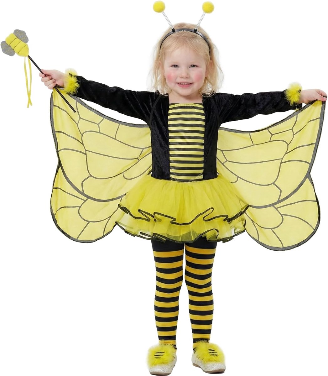 SnelShoppen - Luxe Bij Kostuum voor Meisjes - 10-delige Set - Tutu Jurk, Bijen Vleugels, Haarband, Toverstaf, Streep Legging, Feestoutfit voor Kindere