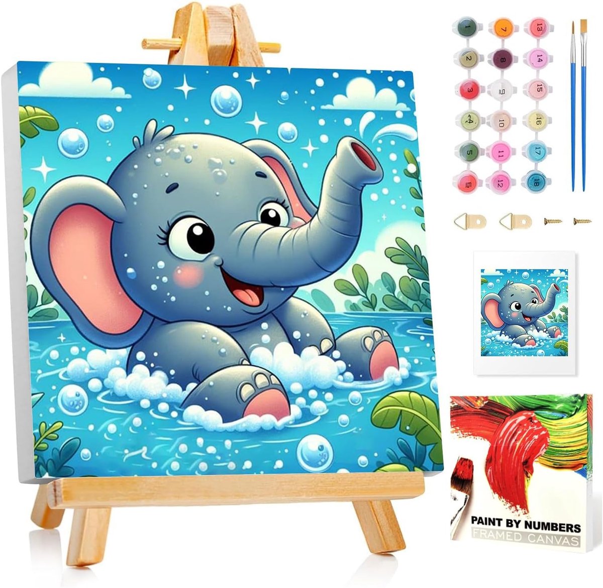SnelShoppen - Elefant Schilderen op Nummer Set voor Kinderen 5-10 Jaar met Lijst, Inclusief Canvas, Verf en Kwasten, Creatieve Activiteit voor Meisjes