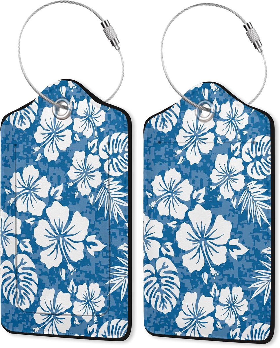 SnelShoppen - 2 Stuks PU Lederen Bagagetags met Privacy Flap - Wit Bloemenpatroon op Blauwe Achtergrond - Ideaal voor Koffers, Tassen, Schooltassen en