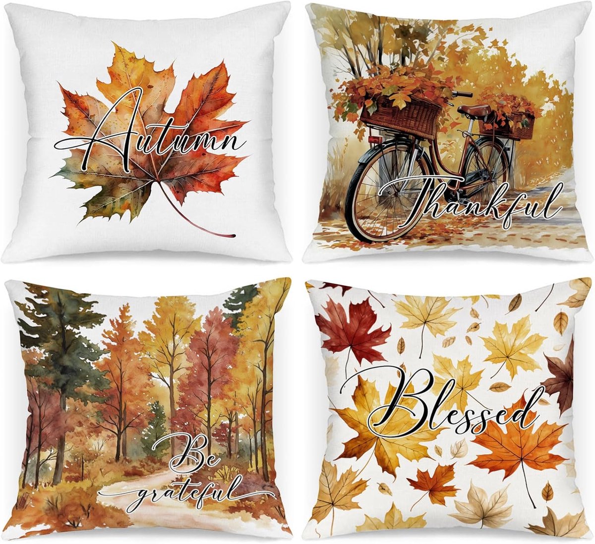 SnelShoppen - Set van 4 Herfst Kussenhoezen 40 x 40 cm Waterverf Fiets en Esdoornbladeren Decoratief voor Sofa en Feestdagen zoals Thanksgiving en Hal