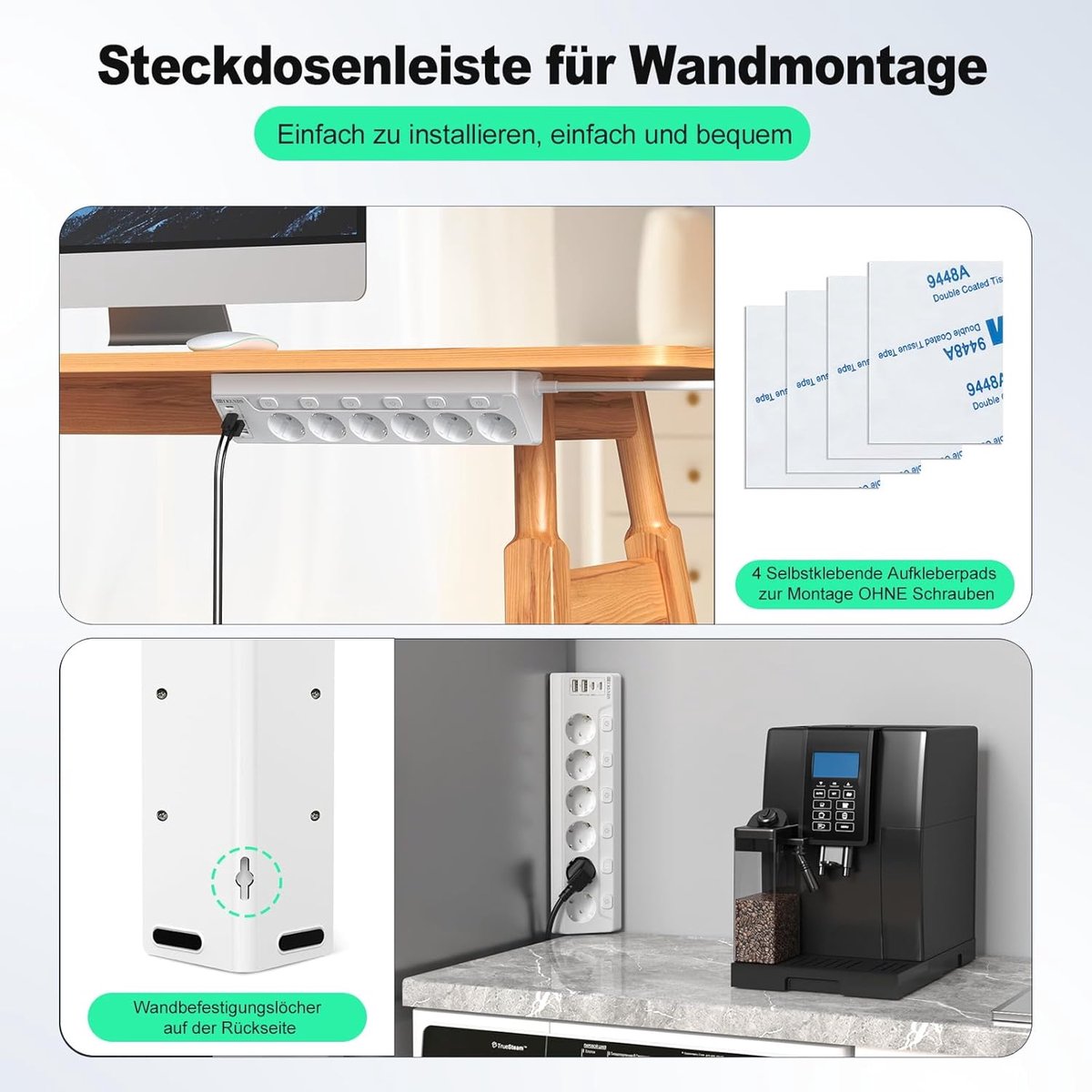 SnelShoppen - Hoekstopcontact met 2 Type C en 2 USB A, 6-voudige stekkerdoos, Individueel schakelaars, Wandmontage, 2500 W, 16 A, 2 m Kabel, Witte Keu
