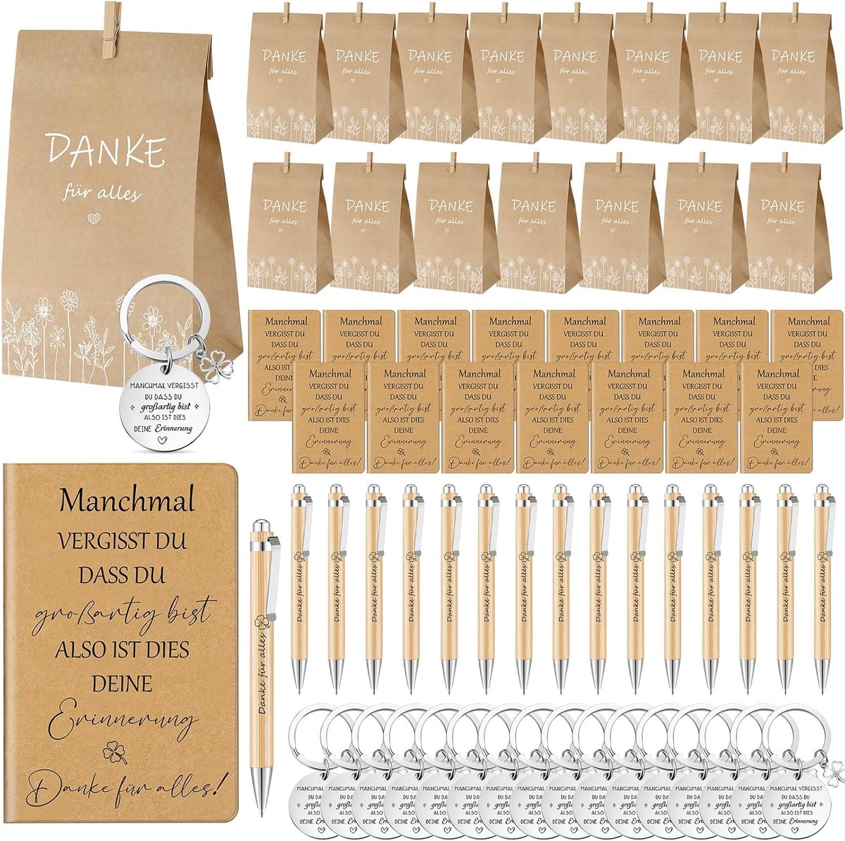 SnelShoppen - 16x Bedank Geschenken voor Collega's - Notitieboek, Balpen, Sleutelhanger, Papieren Tas, Houten Clip - Perfect voor Studenten, Docenten,