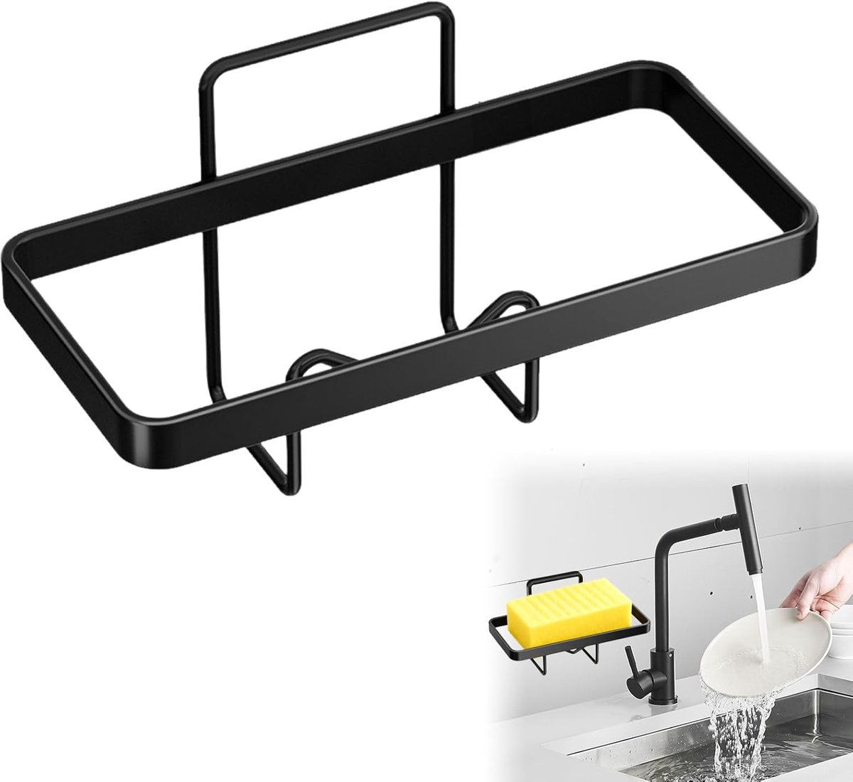 SnelShoppen - Sponge Holder Sink - 2-in-1 Keuken Afwasborstel Houder - Zelfklevend Zwart - Voor Spons, Keukenhanddoeken, Afwasborstels en Meer