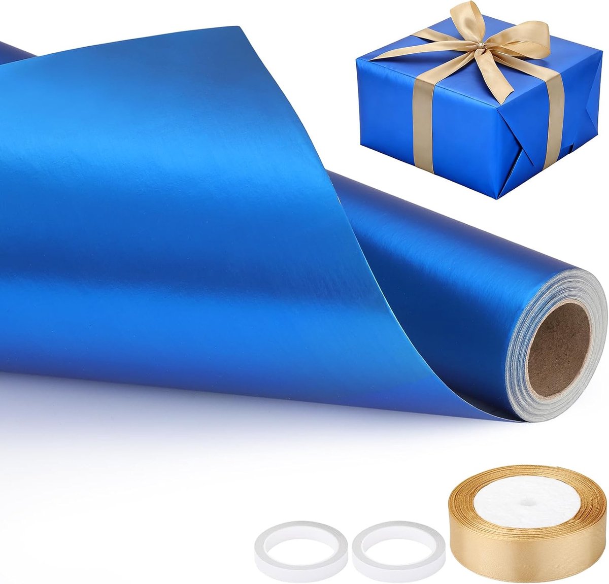 SnelShoppen - Blauw Cadeau Inpakpapier Rol 43cm x 10m - Mat Geschenkpapier met Champagne Gouden Lint en Dubbelzijdige Plakband voor Verjaardagen en Fe