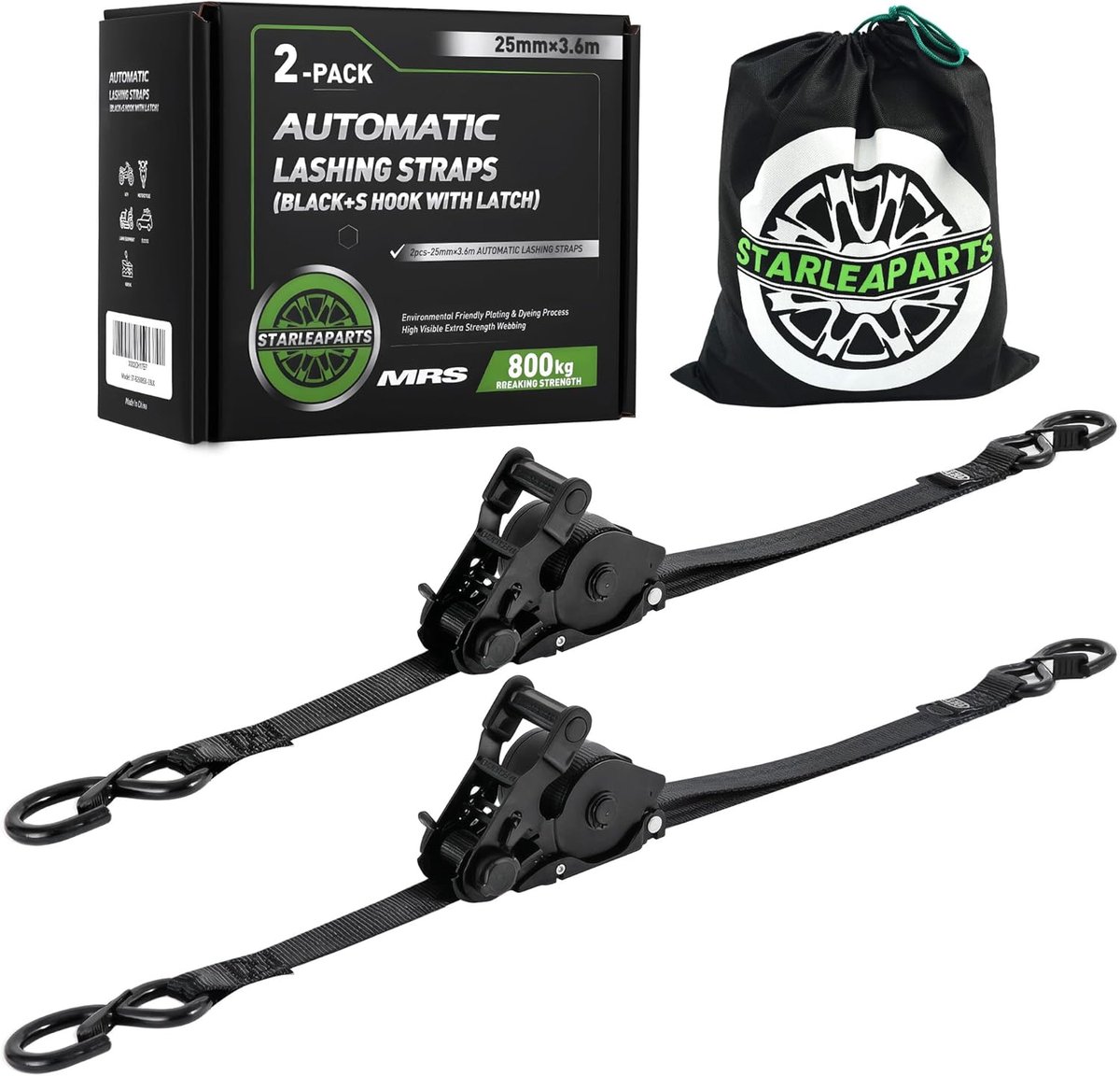 SnelShoppen - Set van 2 Automatische Lashing Straps met S Haken, 3.6m x 25mm, 680kg Breukweerstand, Retractable Lashing Straps met Ratchet voor Motorf