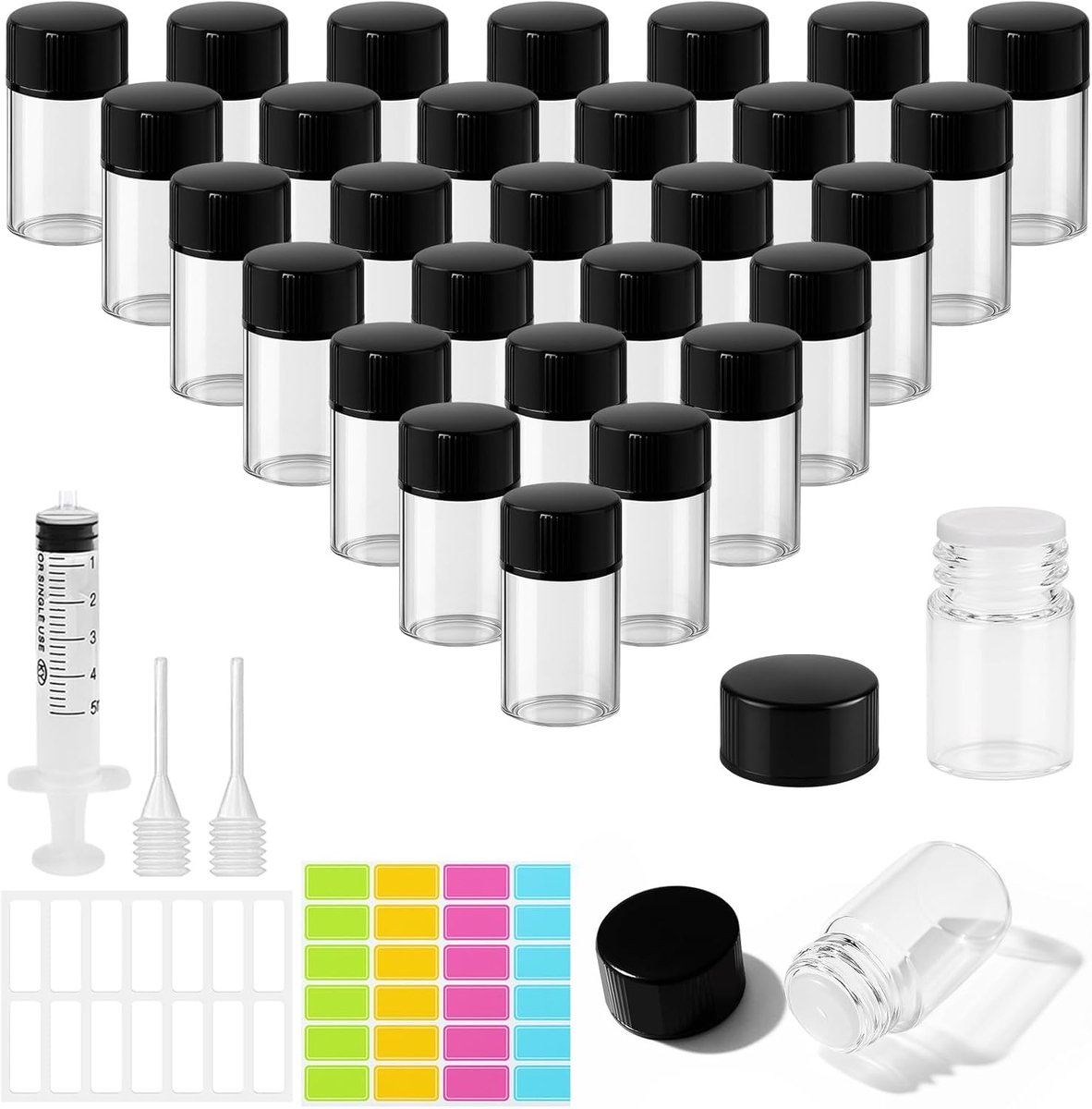 SnelShoppen - 30x2ml Mini Helder Glas Essentiële Olie Flessen met Zwarte Doppen, Lege Sample Flessen inclusief Syringe, Label Stickers en Doppers voor