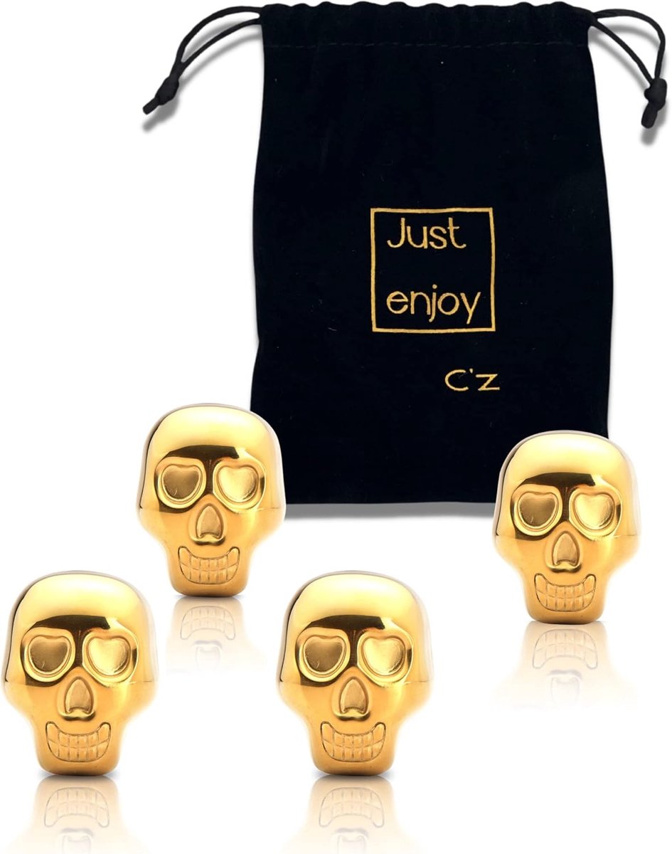 SnelShoppen - Luxe Whiskey Stones - RVS Whisky Steentjes - 4 Stuks - Goudkleur - Premium Kwaliteit - Uniek Skull Ontwerp - Velvet Opbergtas - Perfect