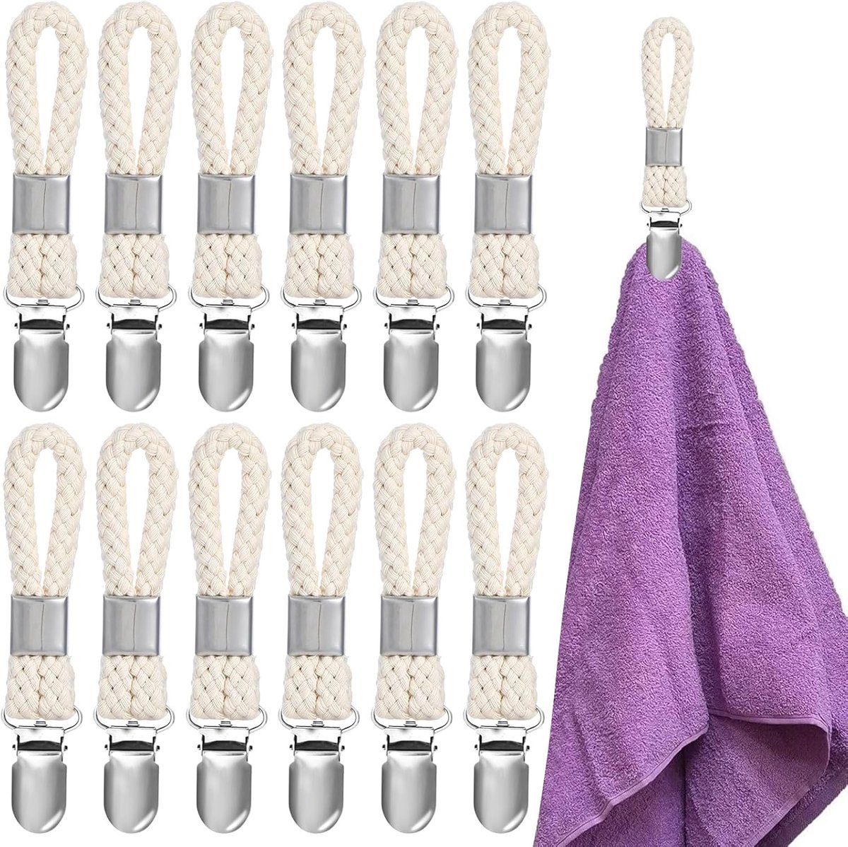 SnelShoppen - 12 Stuks Towel Clips met Lussen - Hangbare Keuken- en Badkamerhanddoekclips - Multi-functionele RVS en Katoen Houders voor Caravan en Th