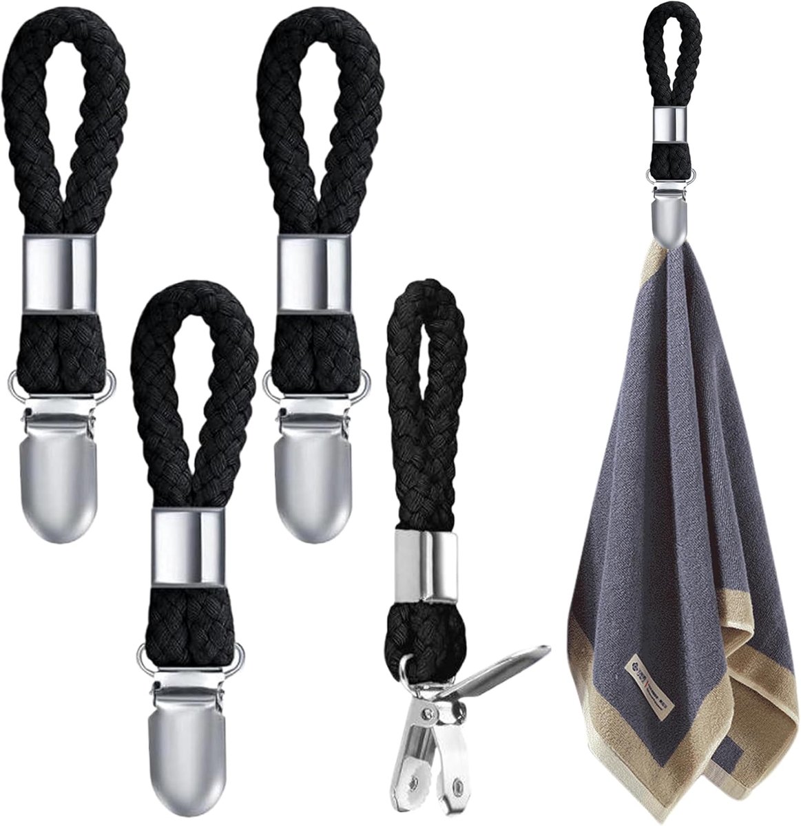 SnelShoppen - 4 Pack Zwarte Handdoek Clips - Handdoek Hangers voor Badkamer - Geen Naaien Nodig - Ideaal voor Thuis, Camping en Feestjes - 13x2.5 cm