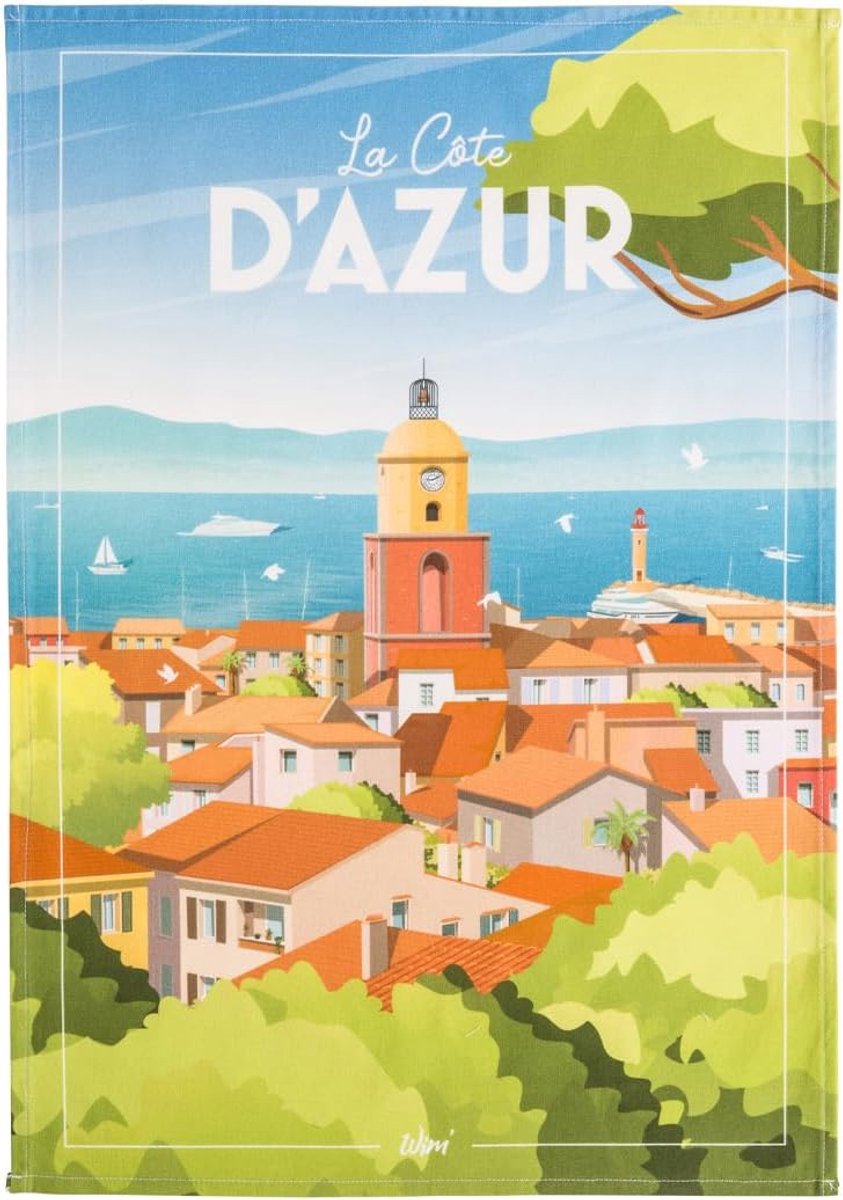 SnelShoppen - Theedoek van gedrukt katoen, Wim Côte d'Azur, 50 x 75 cm, Mediterrane zee, kleurrijk Saint-Tropez, Keukenaccessoires, Vintage stijl