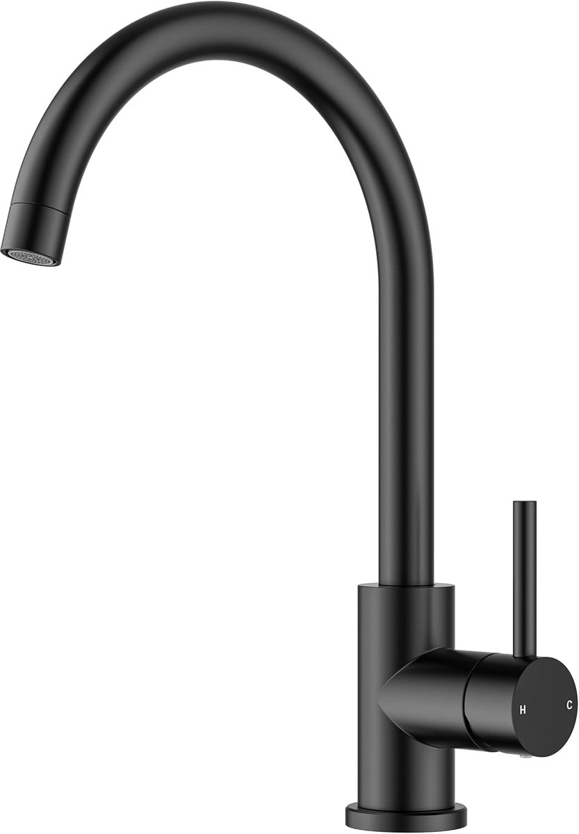 SnelShoppen - Keukenmengkraan, RVS 360° draaibaar, enkele hendel, warm en koud water, mat zwart, 34.5x22x24cm, ideaal voor keuken gebruik