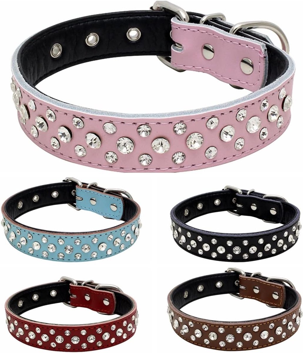 SnelShoppen - Verstelbare Rhinestone Hondenhalsband met Sprankelende Kristallen, Echte Leren Hondenhalsband voor Kleine en Middelgrote Honden (L, Rood
