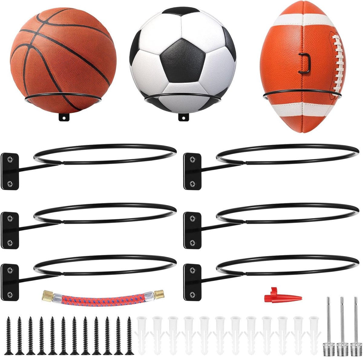 SnelShoppen - 6 Stuks Ballenhouder voor Wand, Wand Gemonteerde Ballenstandaard, Basketbal en Voetbal Wandsteun voor Basketbal, Voetbal, Rugby en Volle